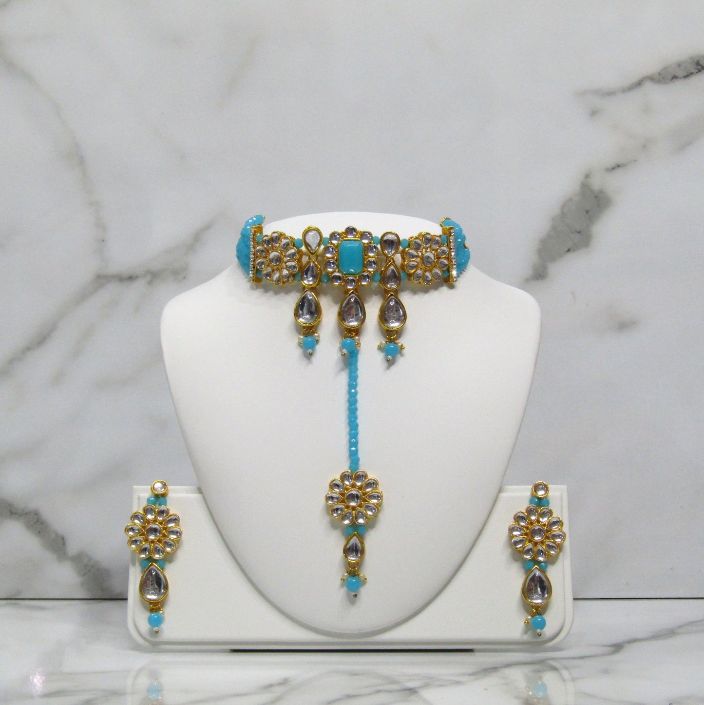 Gold Choker Necklace Set with Earrings and Tikka in Various Colours