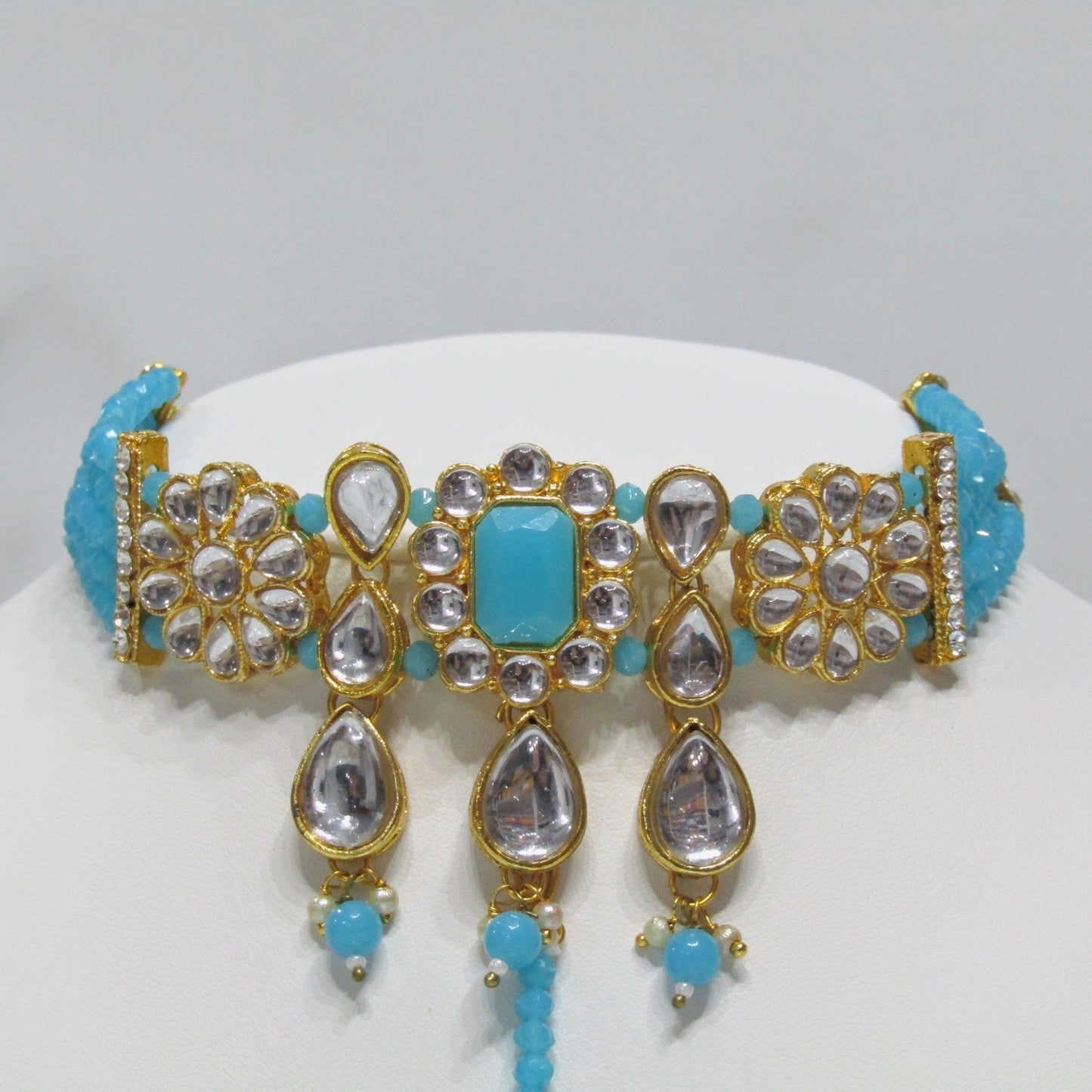 Gold Choker Necklace Set with Earrings and Tikka in Various Colours