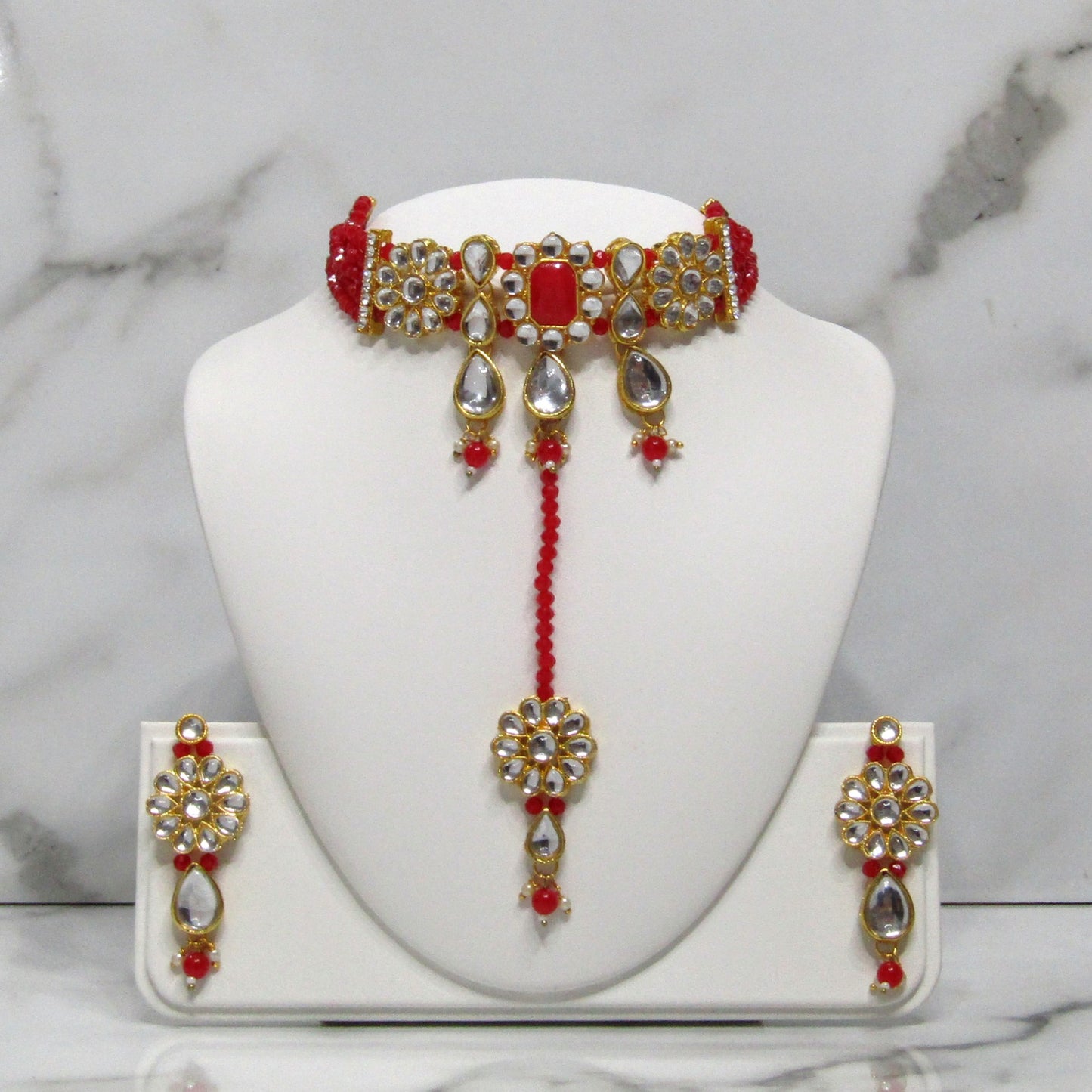 Gold Choker Necklace Set with Earrings and Tikka in Various Colours