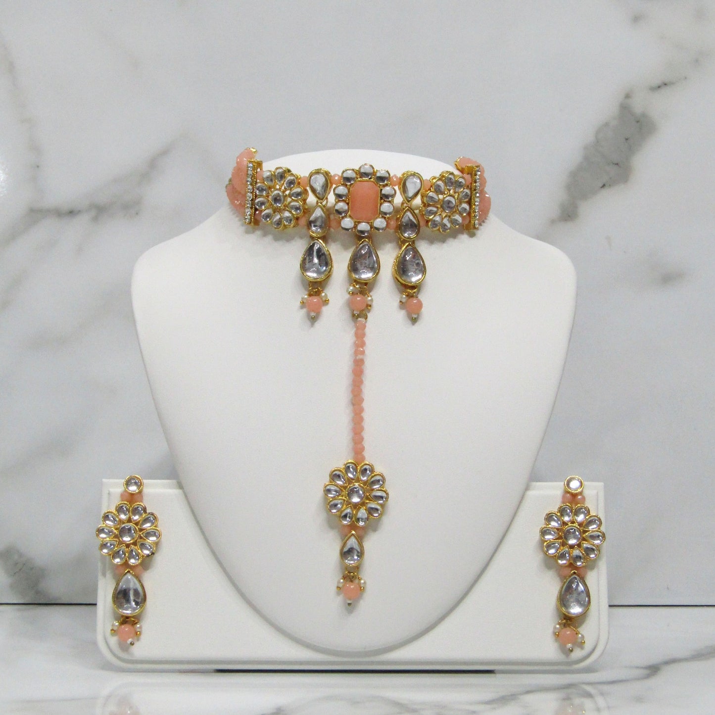Gold Choker Necklace Set with Earrings and Tikka in Various Colours