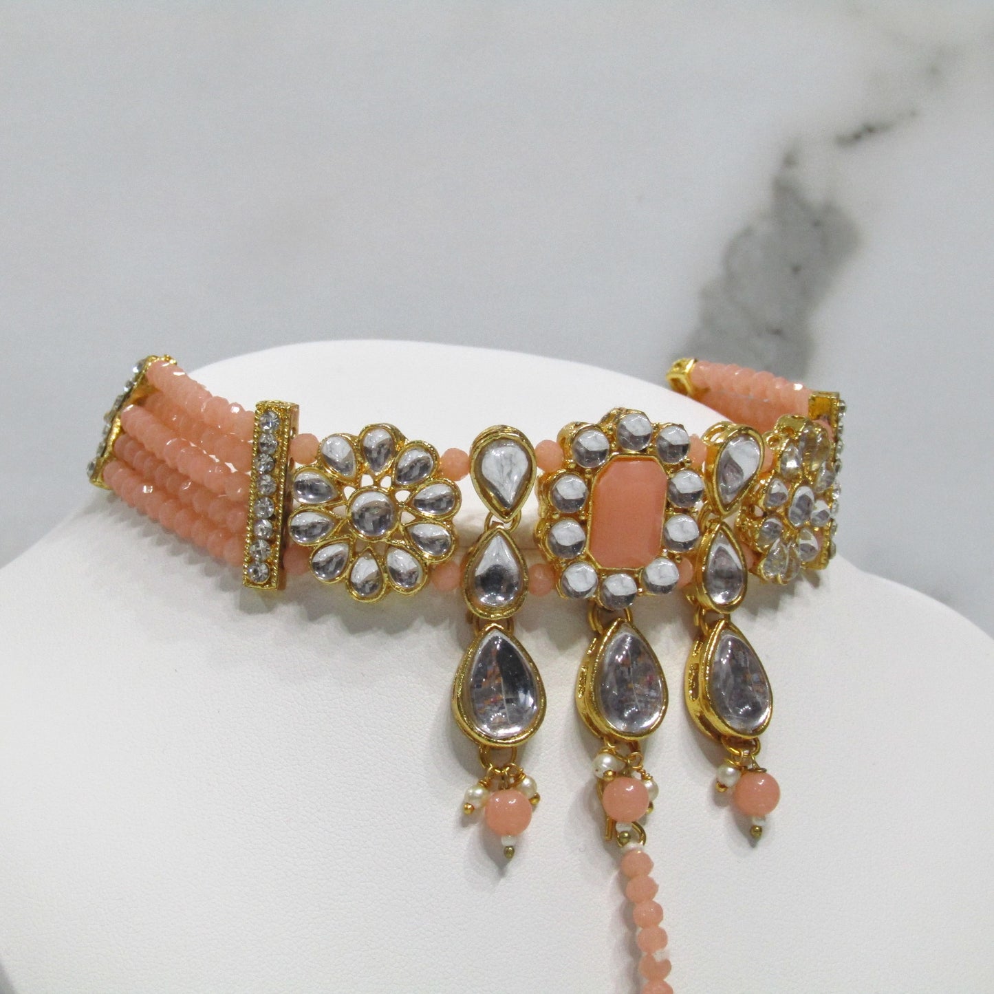 Gold Choker Necklace Set with Earrings and Tikka in Various Colours