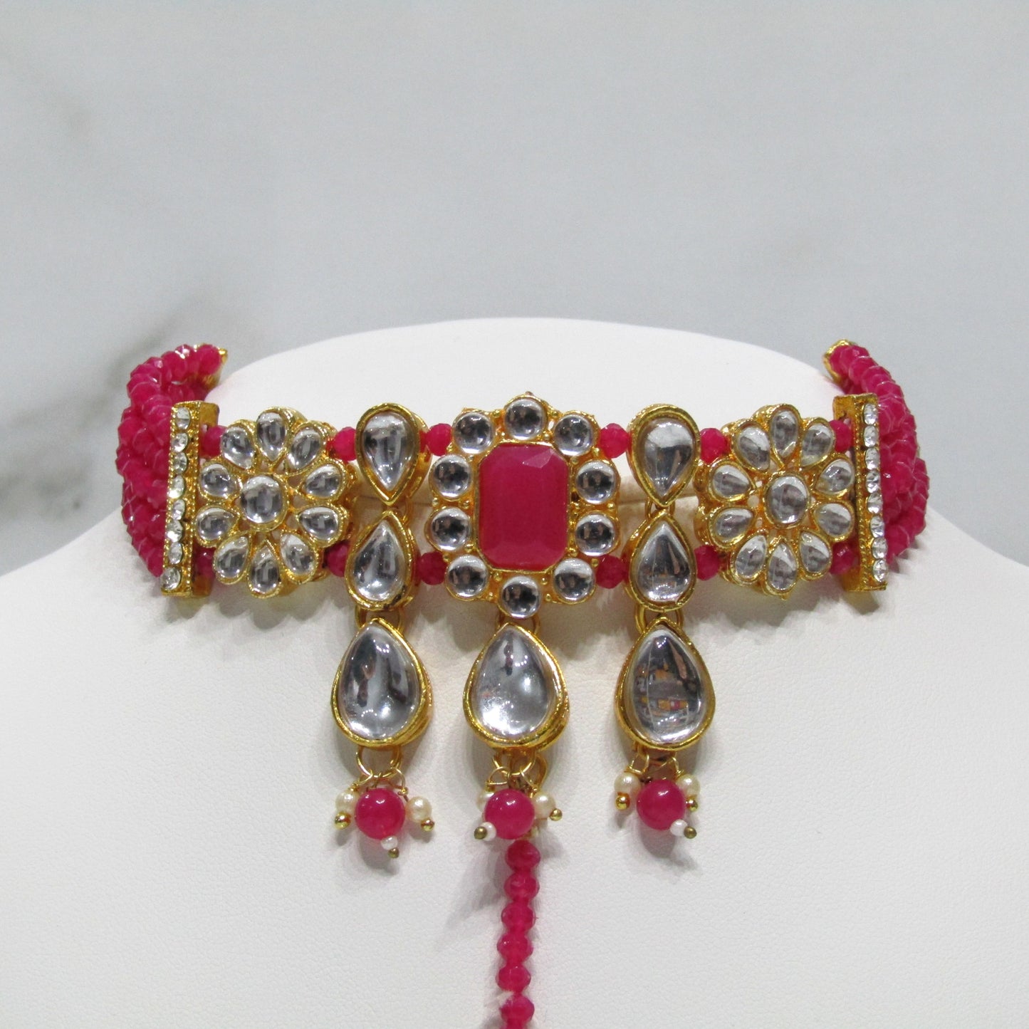 Gold Choker Necklace Set with Earrings and Tikka in Various Colours