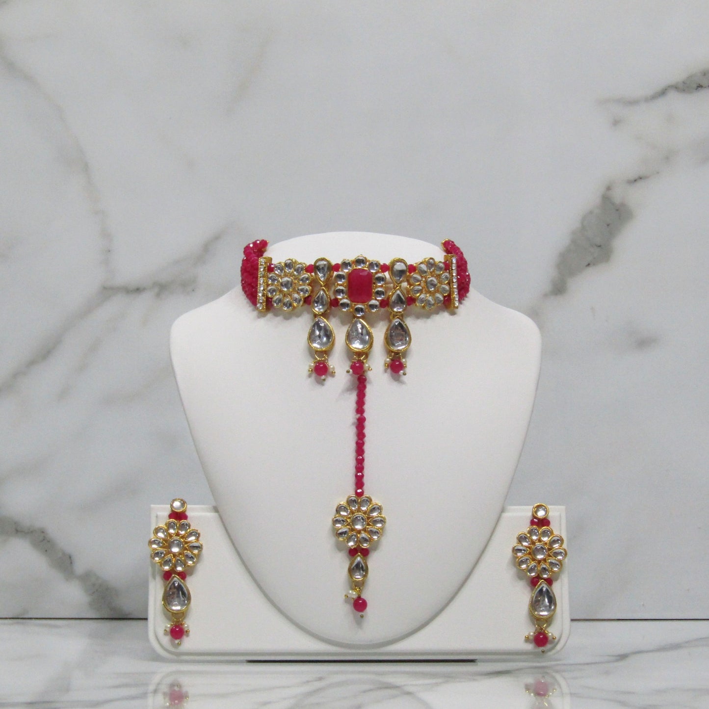 Gold Choker Necklace Set with Earrings and Tikka in Various Colours