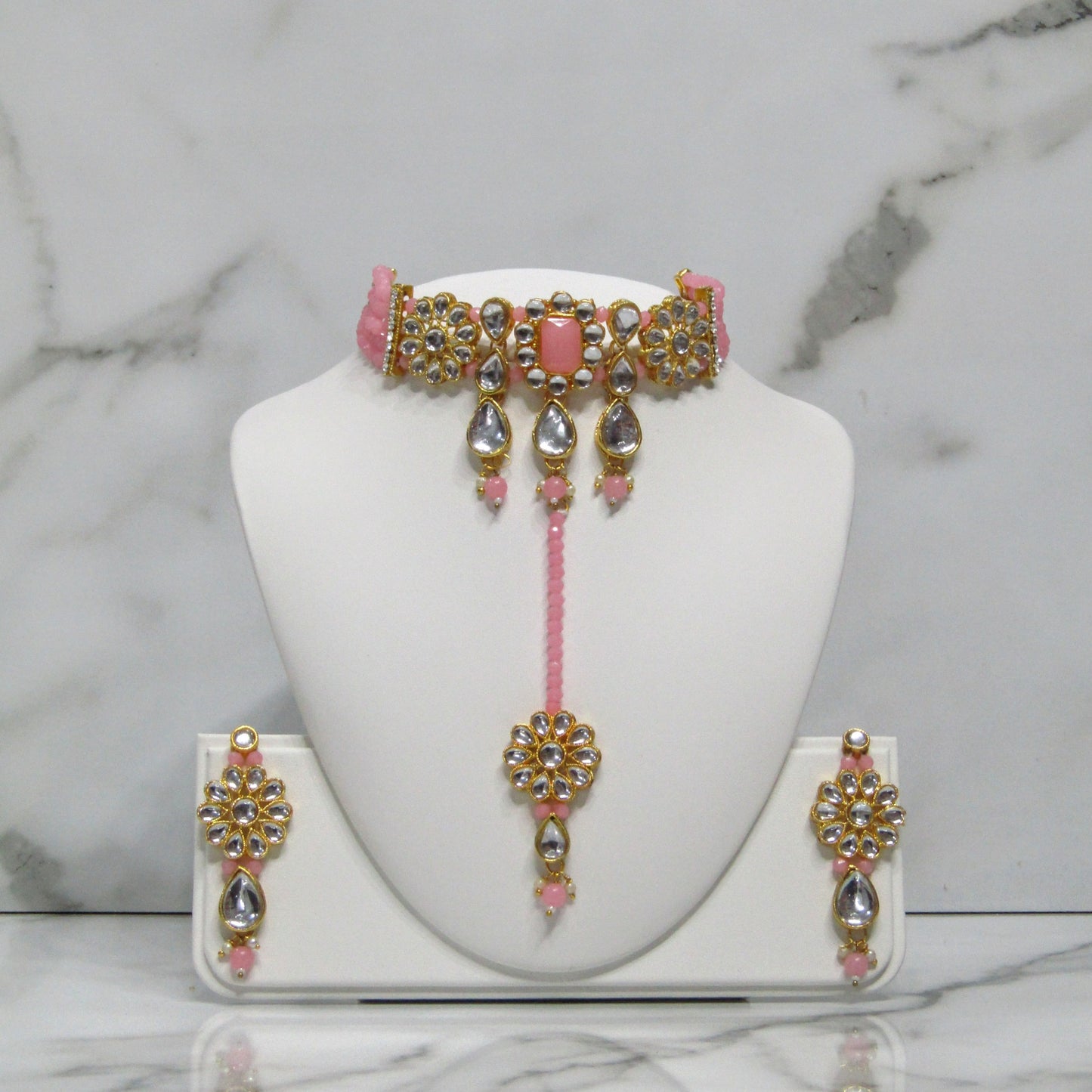 Gold Choker Necklace Set with Earrings and Tikka in Various Colours
