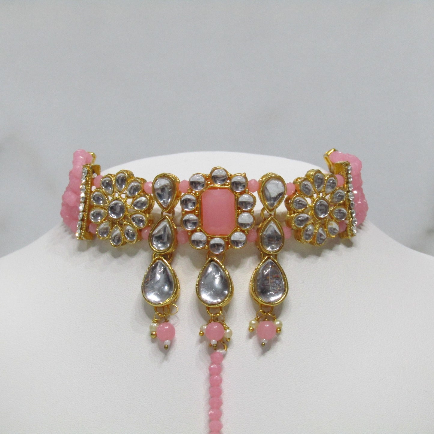 Gold Choker Necklace Set with Earrings and Tikka in Various Colours