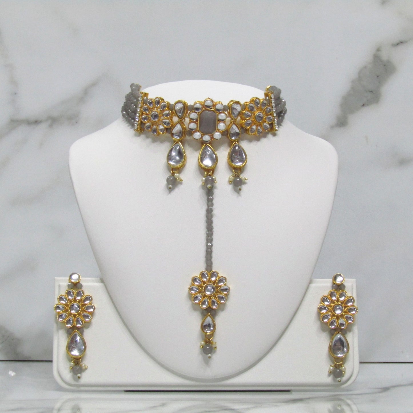 Gold Choker Necklace Set with Earrings and Tikka in Various Colours