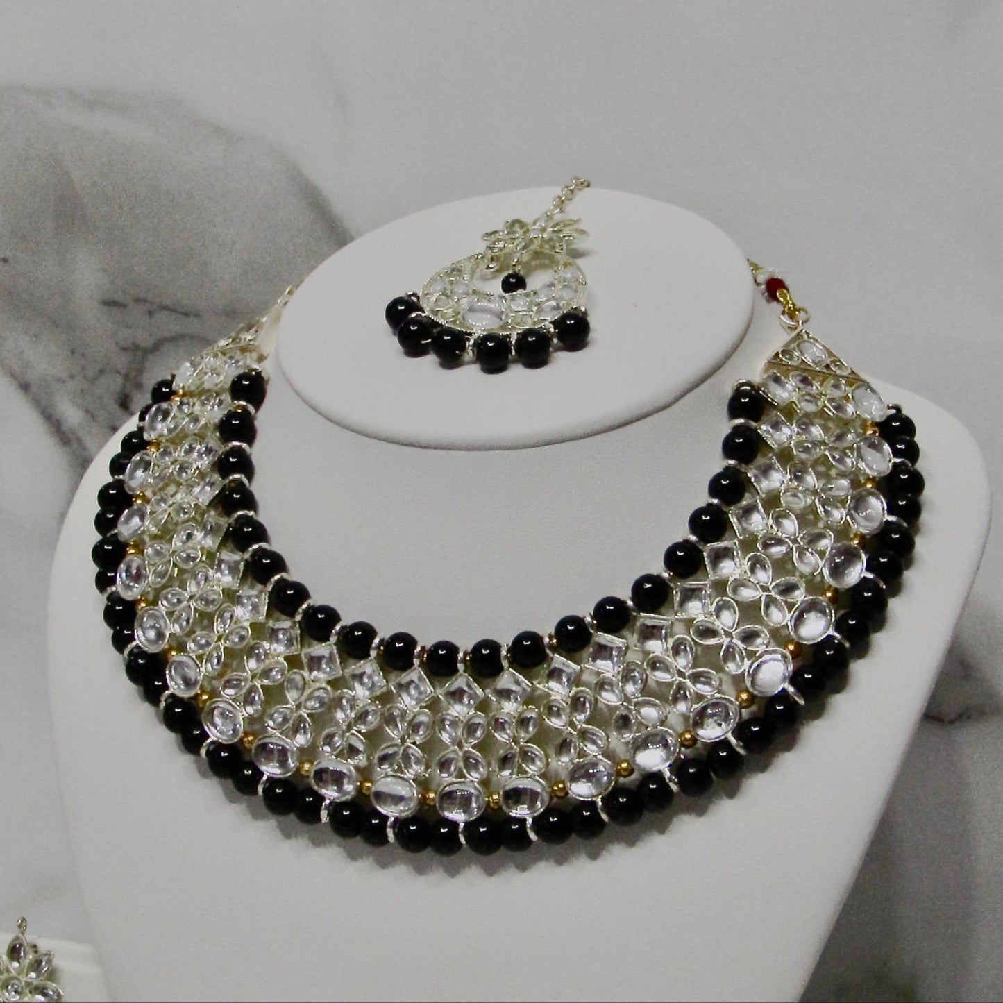 Beaded Kundan Necklace, Earring and Tikka Set