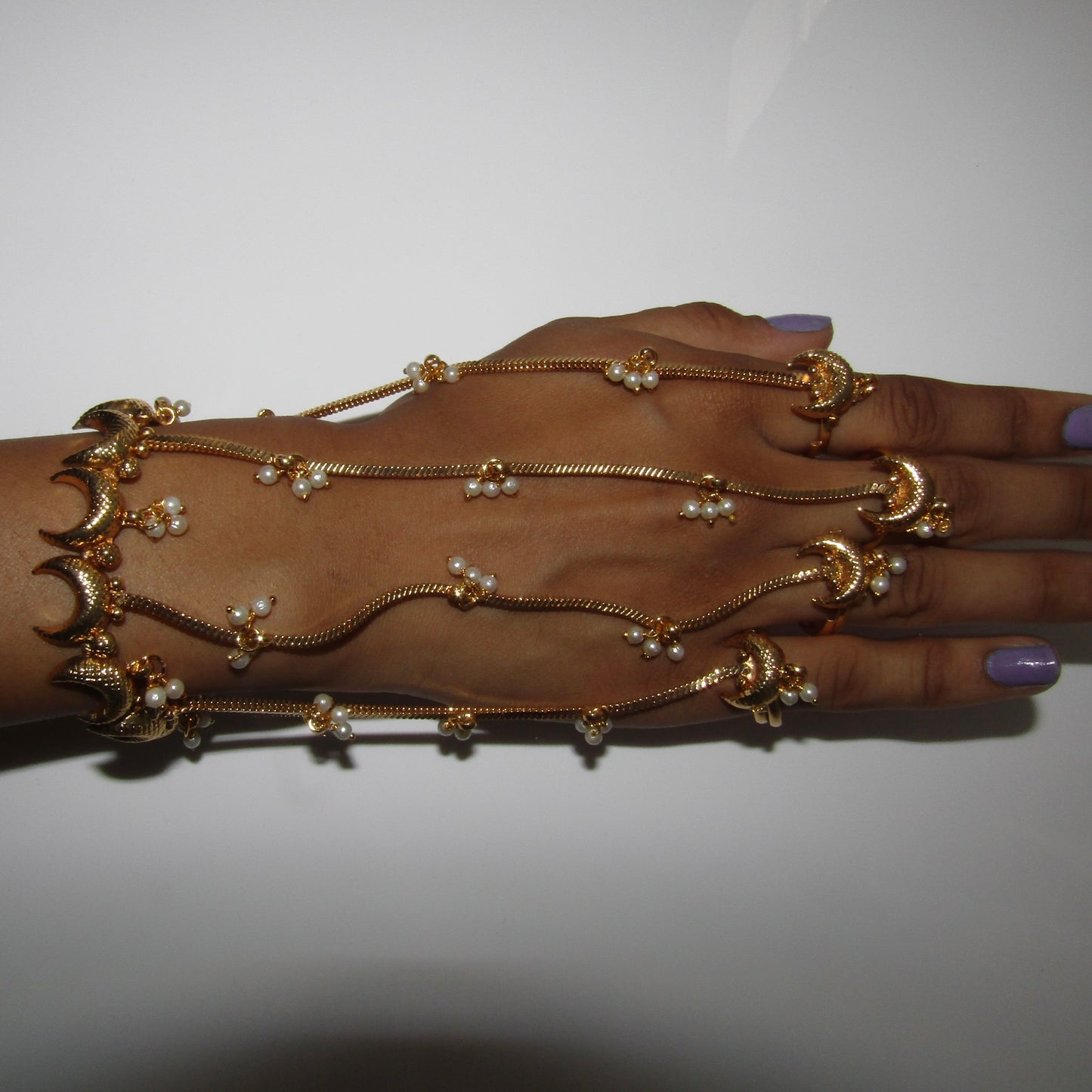 Gold Cresent Moon 4 Finger Hand Piece