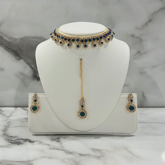 Blue Choker Set with Earrings and Tikka