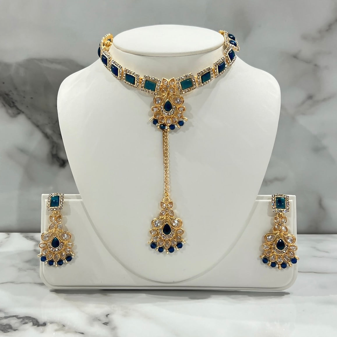 Blue Choker Set with Earrings and Tikka