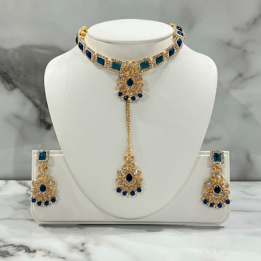Blue Choker Set with Earrings and Tikka