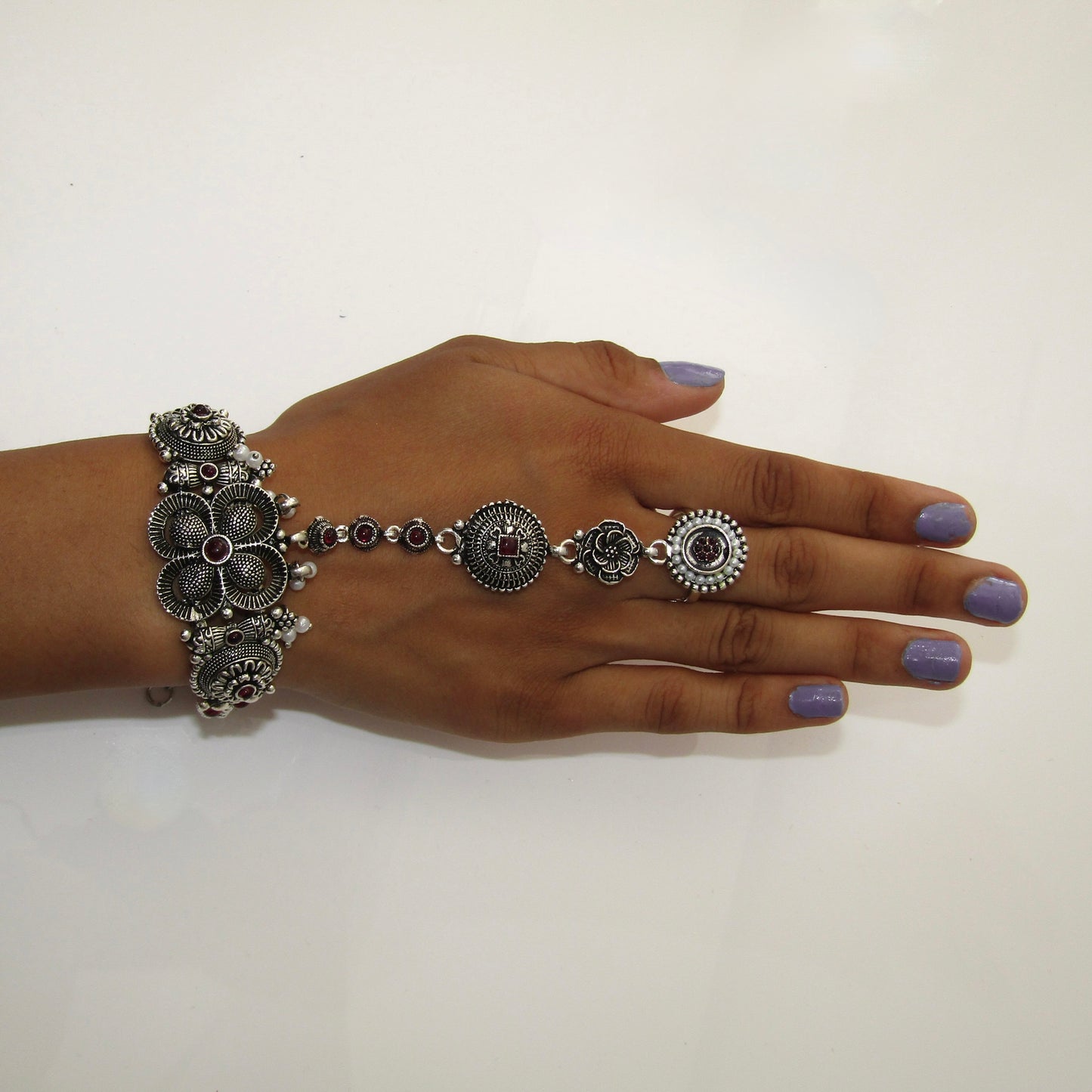 Oxidised Silver and Ruby Flower Hand Piece