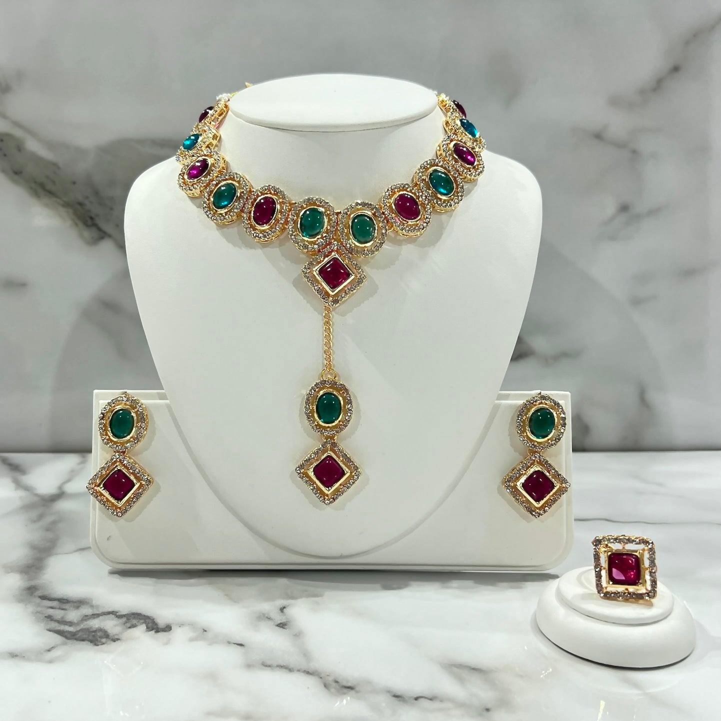 Pink and Blue Geometric Set with Ring