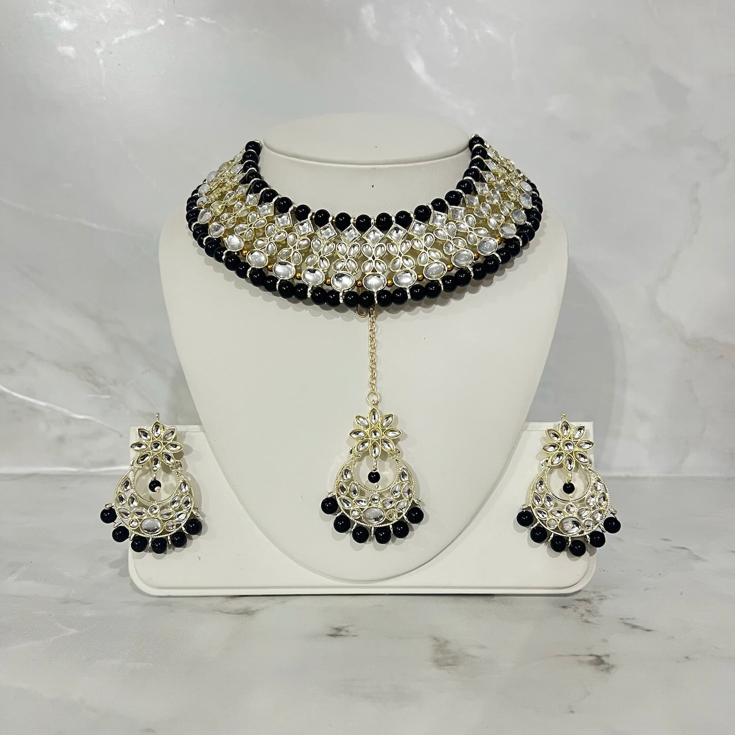 Beaded Kundan Necklace, Earring and Tikka Set