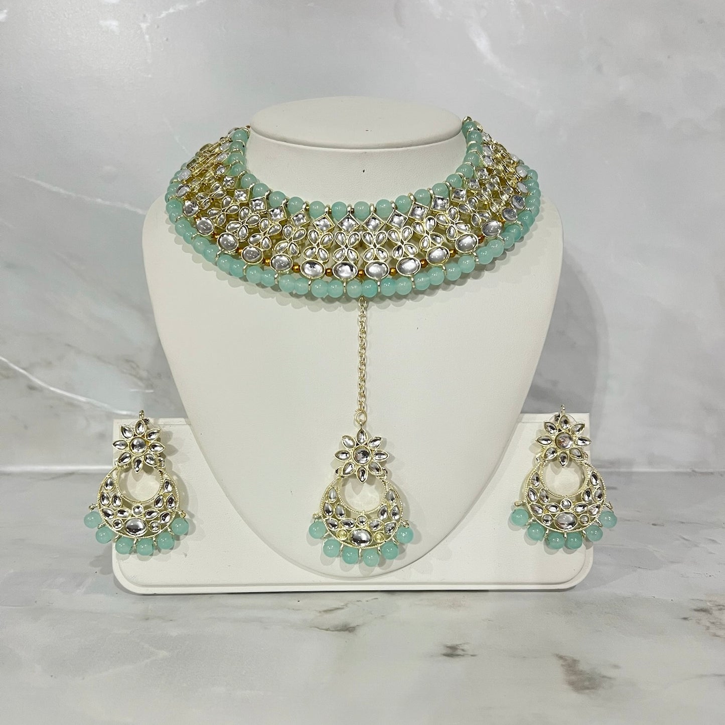 Beaded Kundan Necklace, Earring and Tikka Set