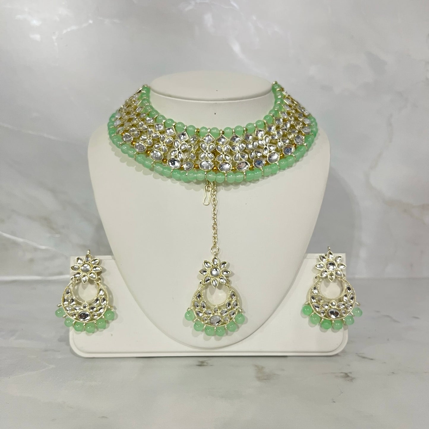 Beaded Kundan Necklace, Earring and Tikka Set