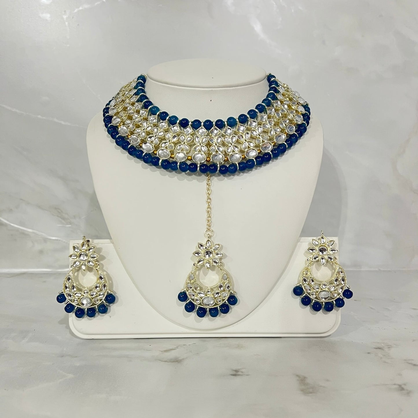 Beaded Kundan Necklace, Earring and Tikka Set