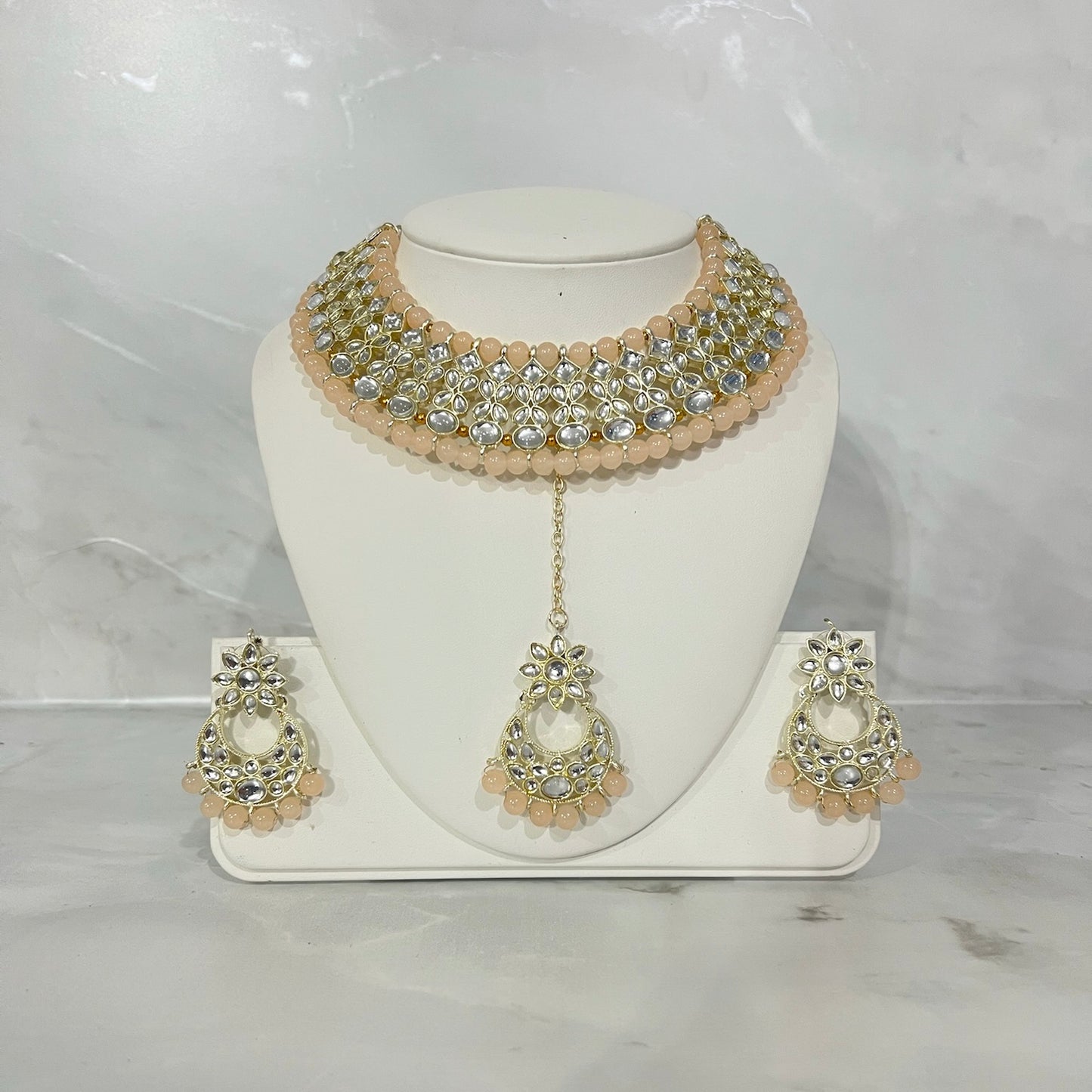 Beaded Kundan Necklace, Earring and Tikka Set