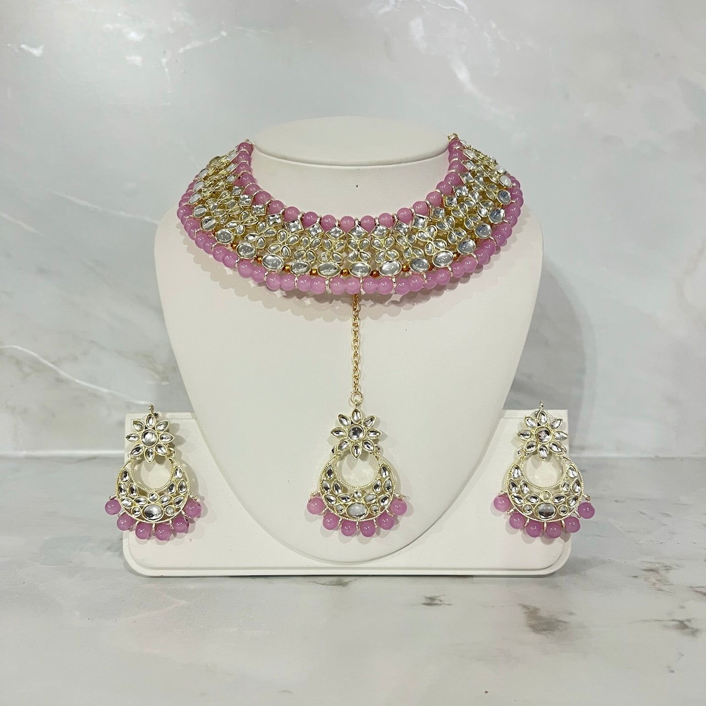 Beaded Kundan Necklace, Earring and Tikka Set