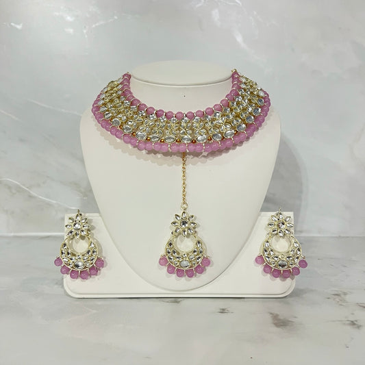 Beaded Kundan Necklace, Earring and Tikka Set