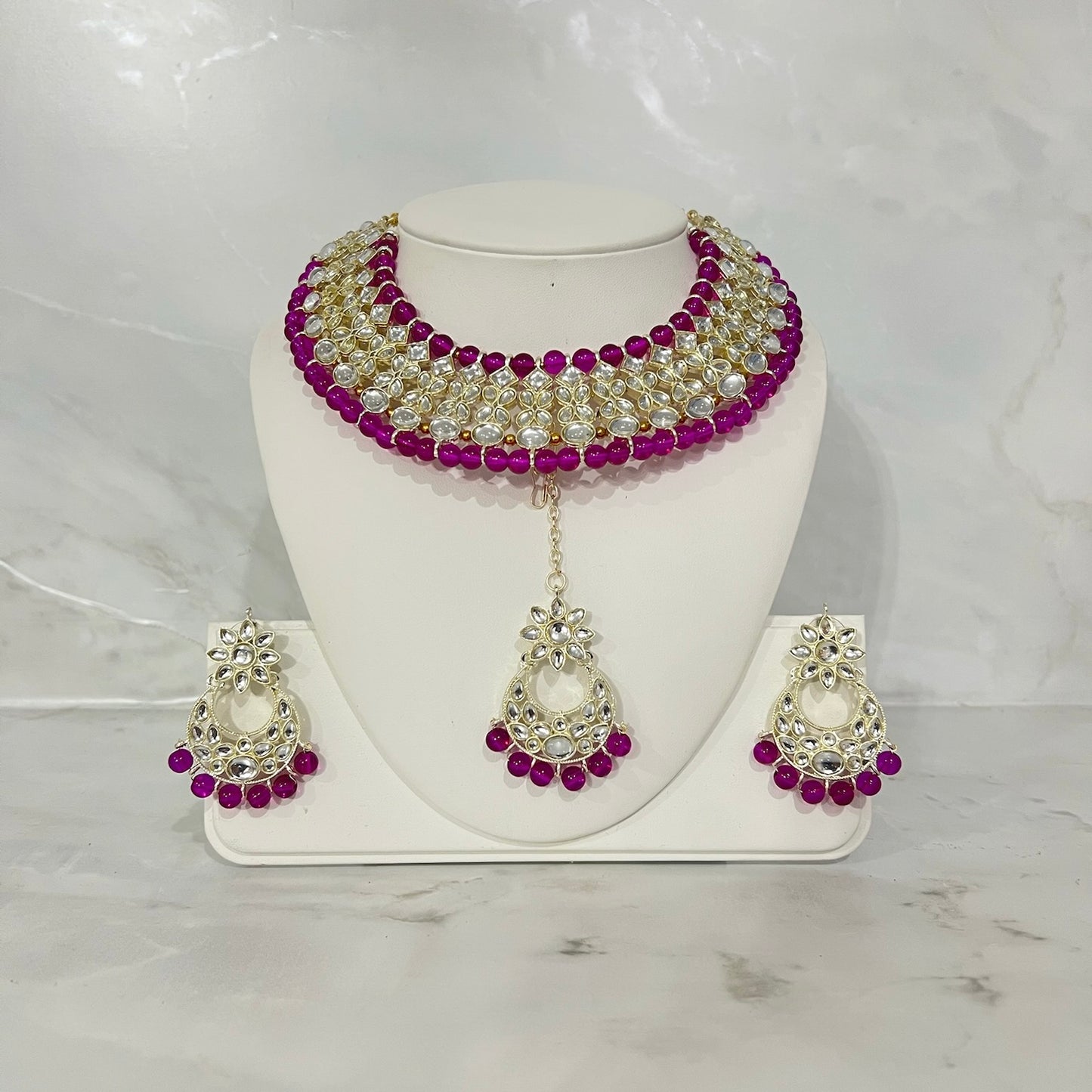 Beaded Kundan Necklace, Earring and Tikka Set