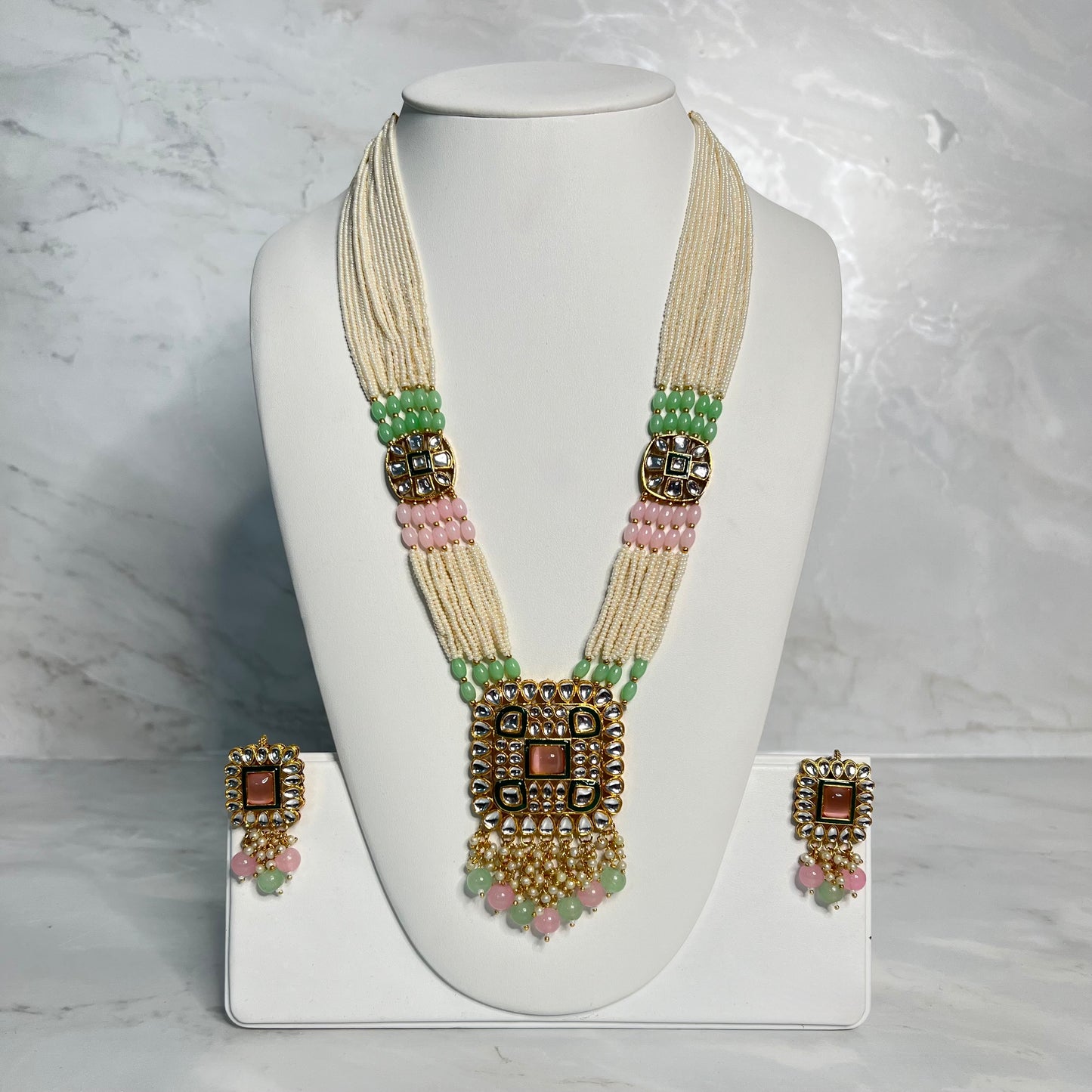 Pink and Green Long Mala Set