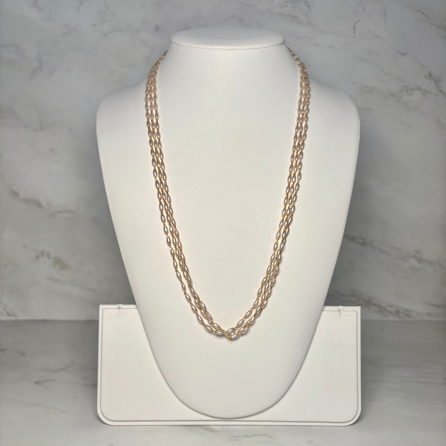 Three Layered Oval Pearl Mala Long Necklace