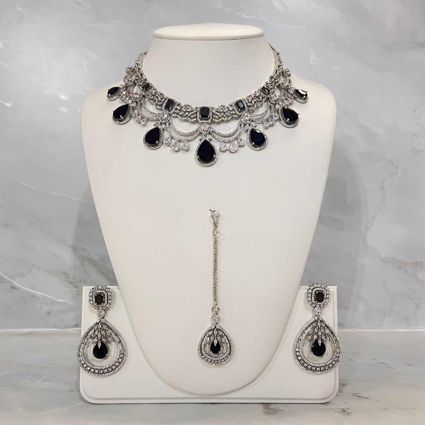 Teardrop American Diamond Neckline Set (Silver)