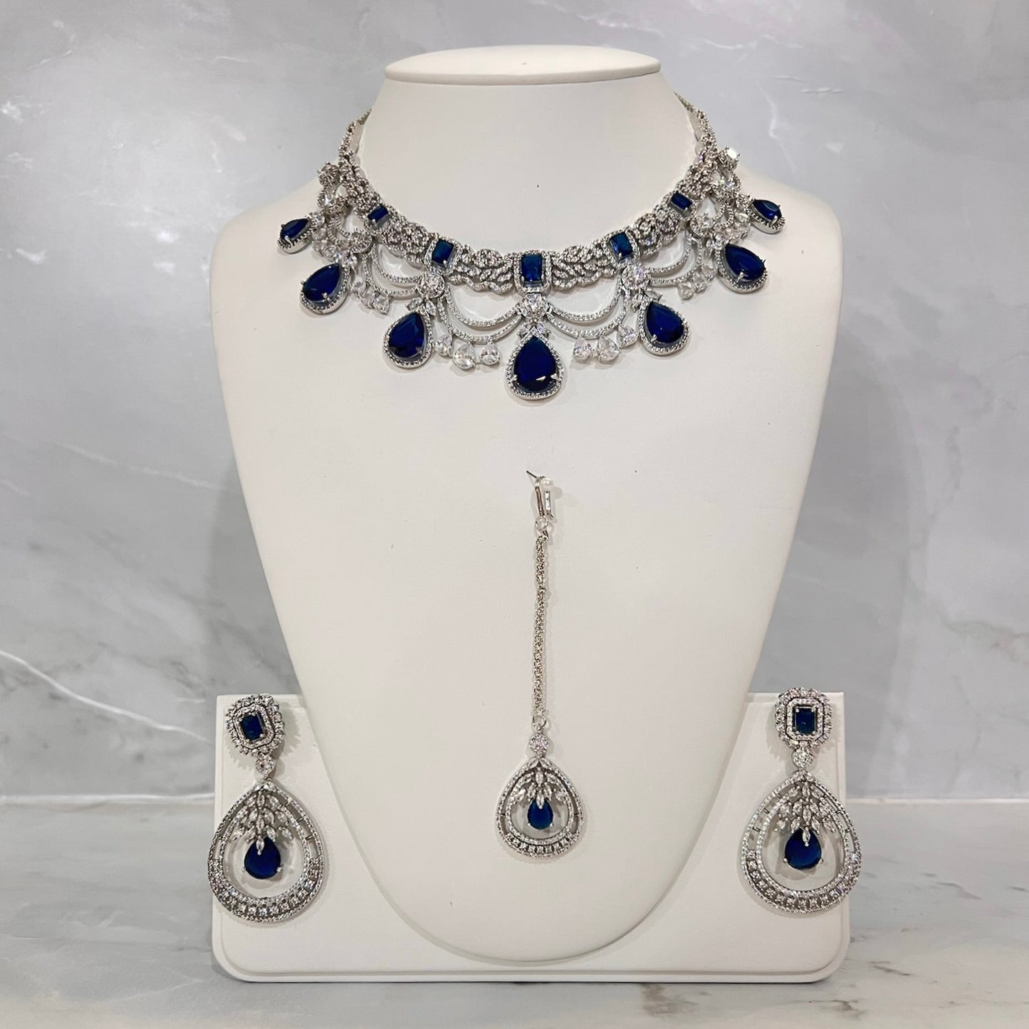 Teardrop American Diamond Neckline Set (Silver)