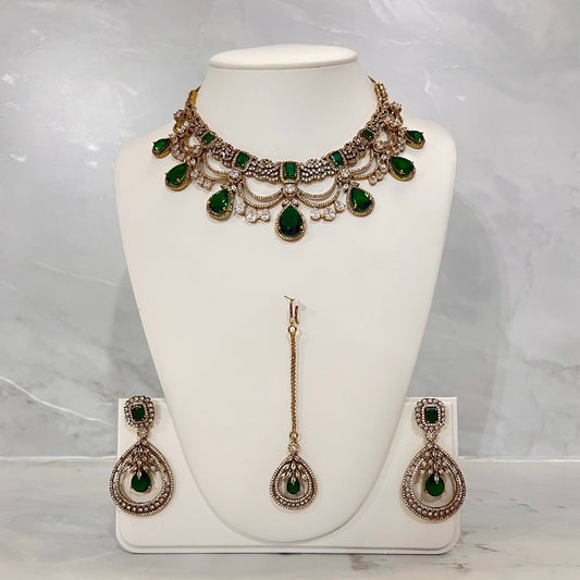 Teardrop American Diamond Neckline Set (Gold)