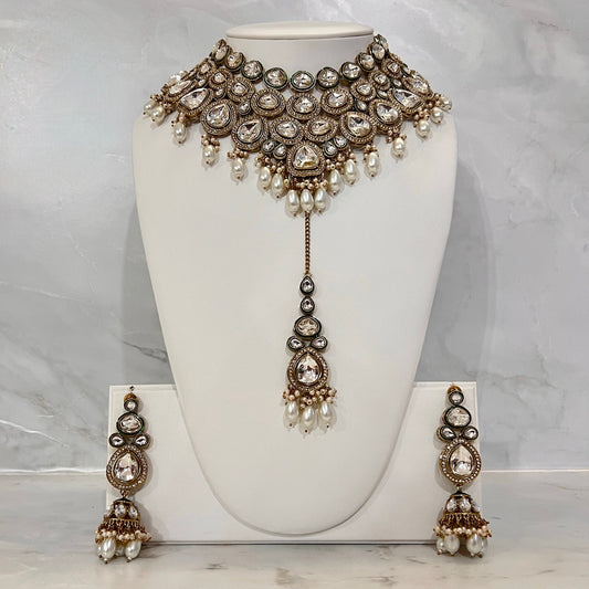 Large Kundan and Pearl Choker Set with Tikka